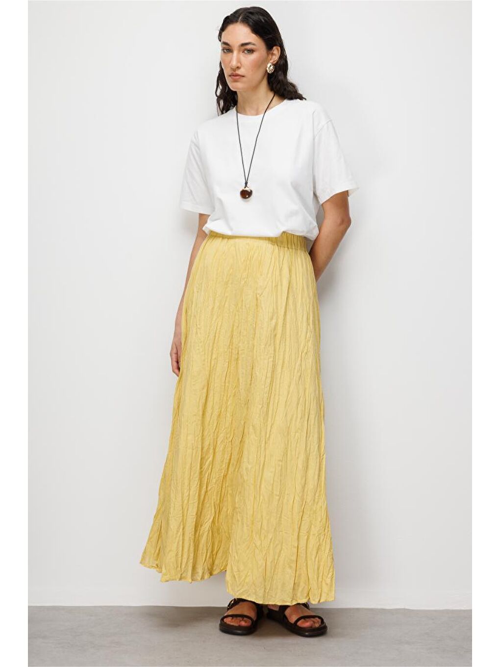 Kırışık Görünümlü Saf Pamuk Sarı Maksi Etek-1
