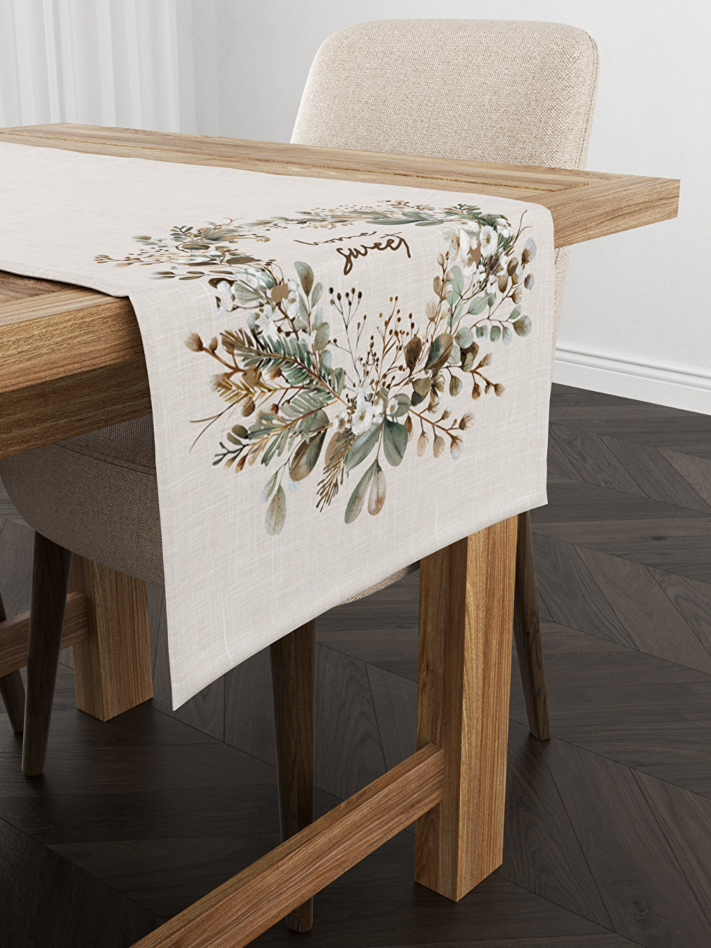 Ekru Bohem Tarzı Çelenk Desenli Lüks Kadife Runner - 40x140 cm-2