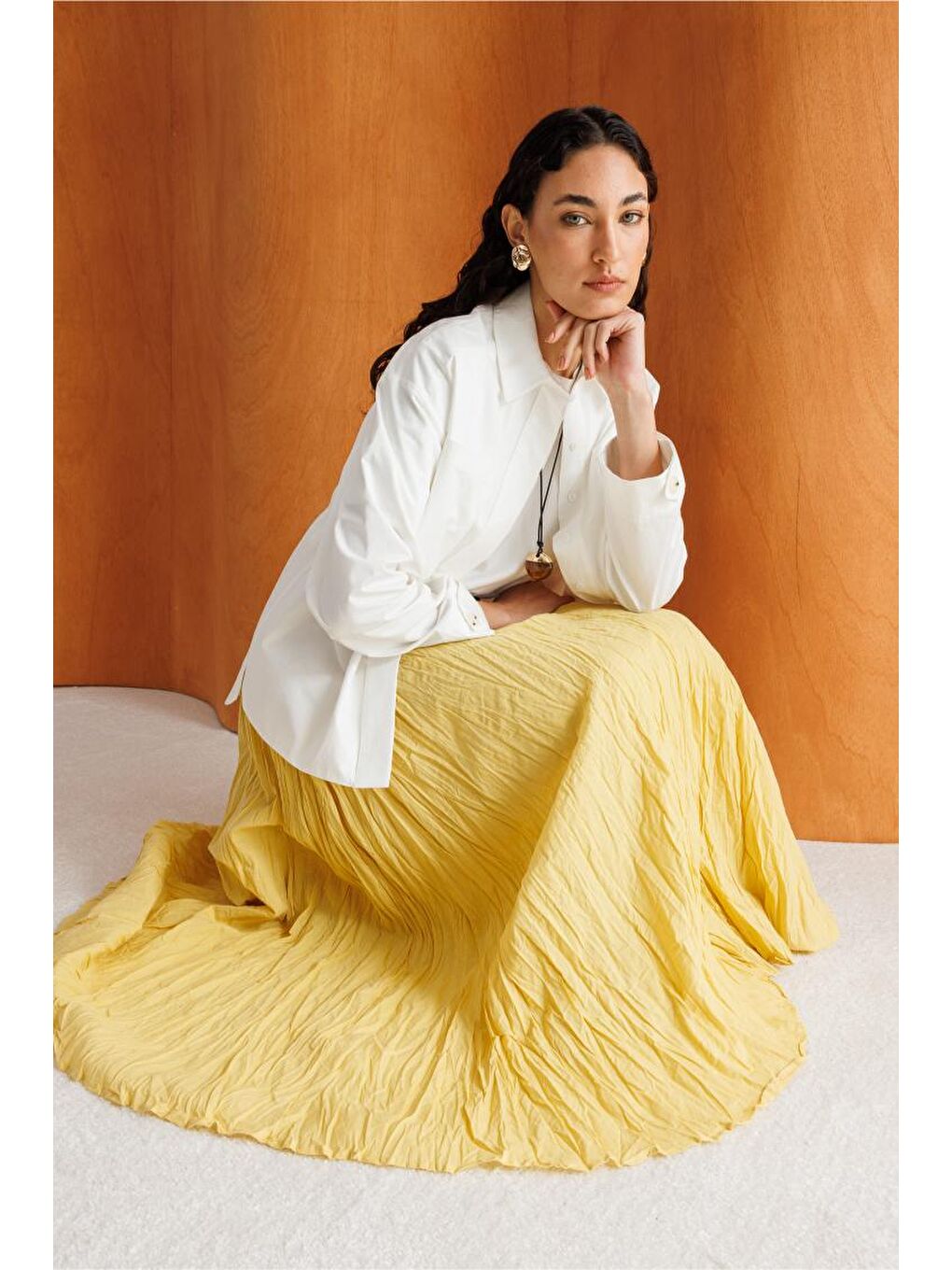 Kırışık Görünümlü Saf Pamuk Sarı Maksi Etek-2