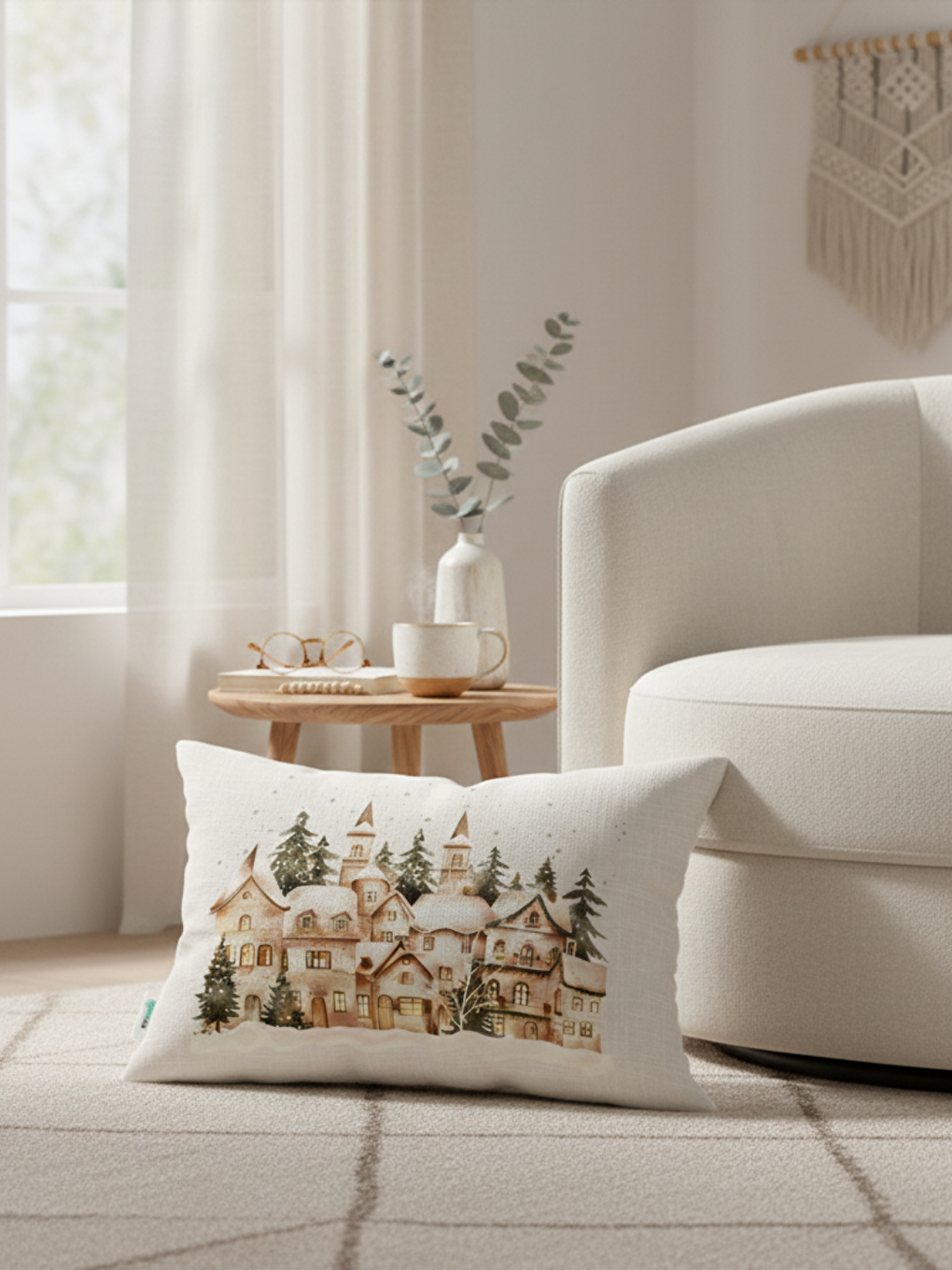 Bej Modern Bohem Tasarım,Kış Temalı Sulu Boya Desenli 35x55 Dekoratif Kırlent Kılıfı-3