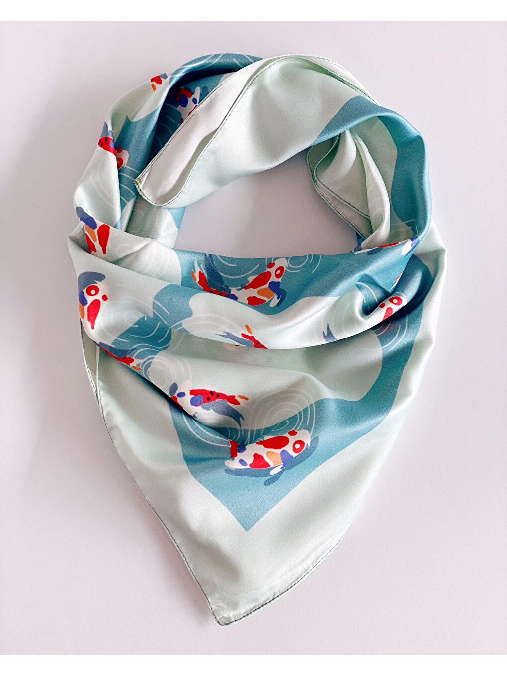 Turkuaz Şanslı Koi Balıkları Saten Fular-1