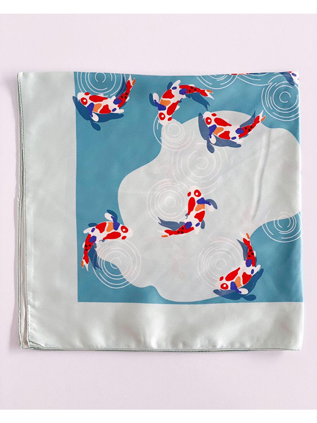 Turkuaz Şanslı Koi Balıkları Saten Fular-2