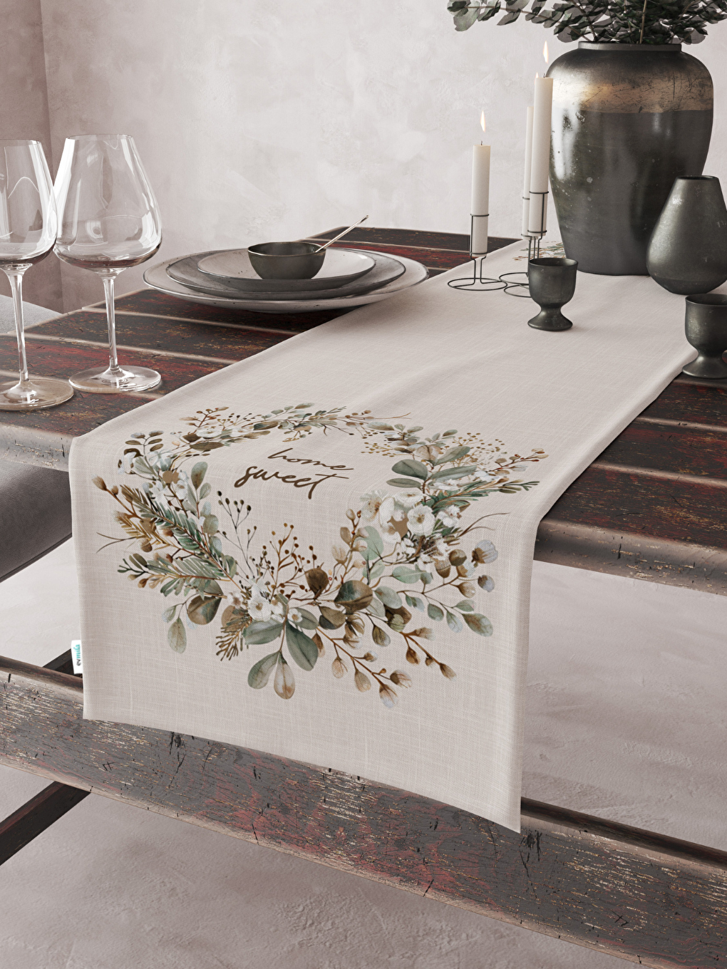 Ekru Bohem Tarzı Çelenk Desenli Lüks Kadife Runner - 40x140 cm-3