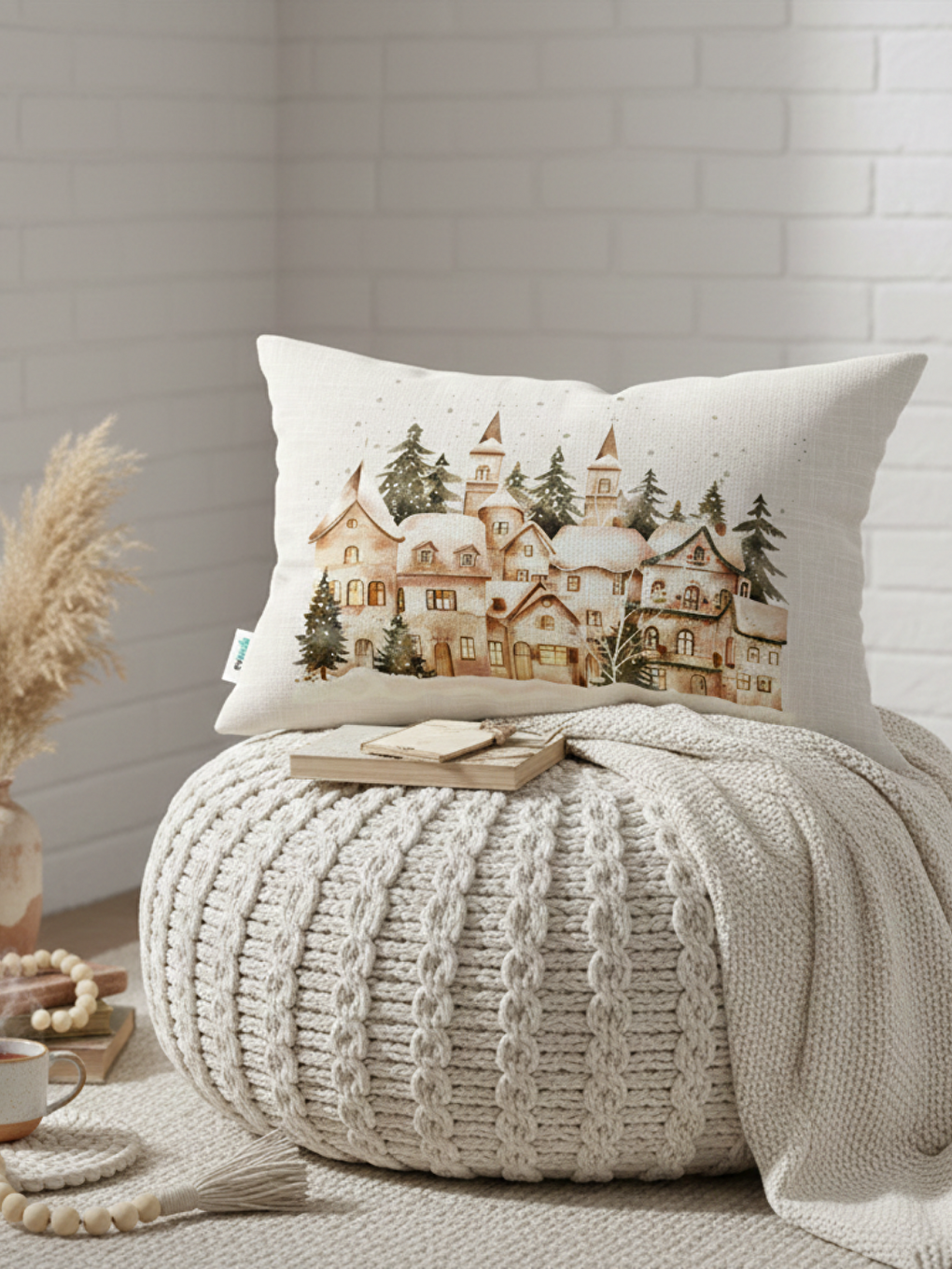 Bej Modern Bohem Tasarım,Kış Temalı Sulu Boya Desenli 35x55 Dekoratif Kırlent Kılıfı-4