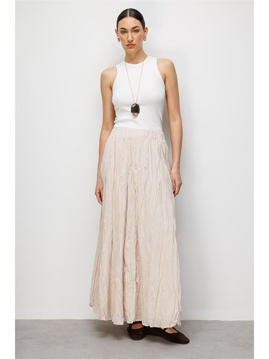 Kırışık Görünümlü Saf Pamuk Bej Rengi Maksi Etek