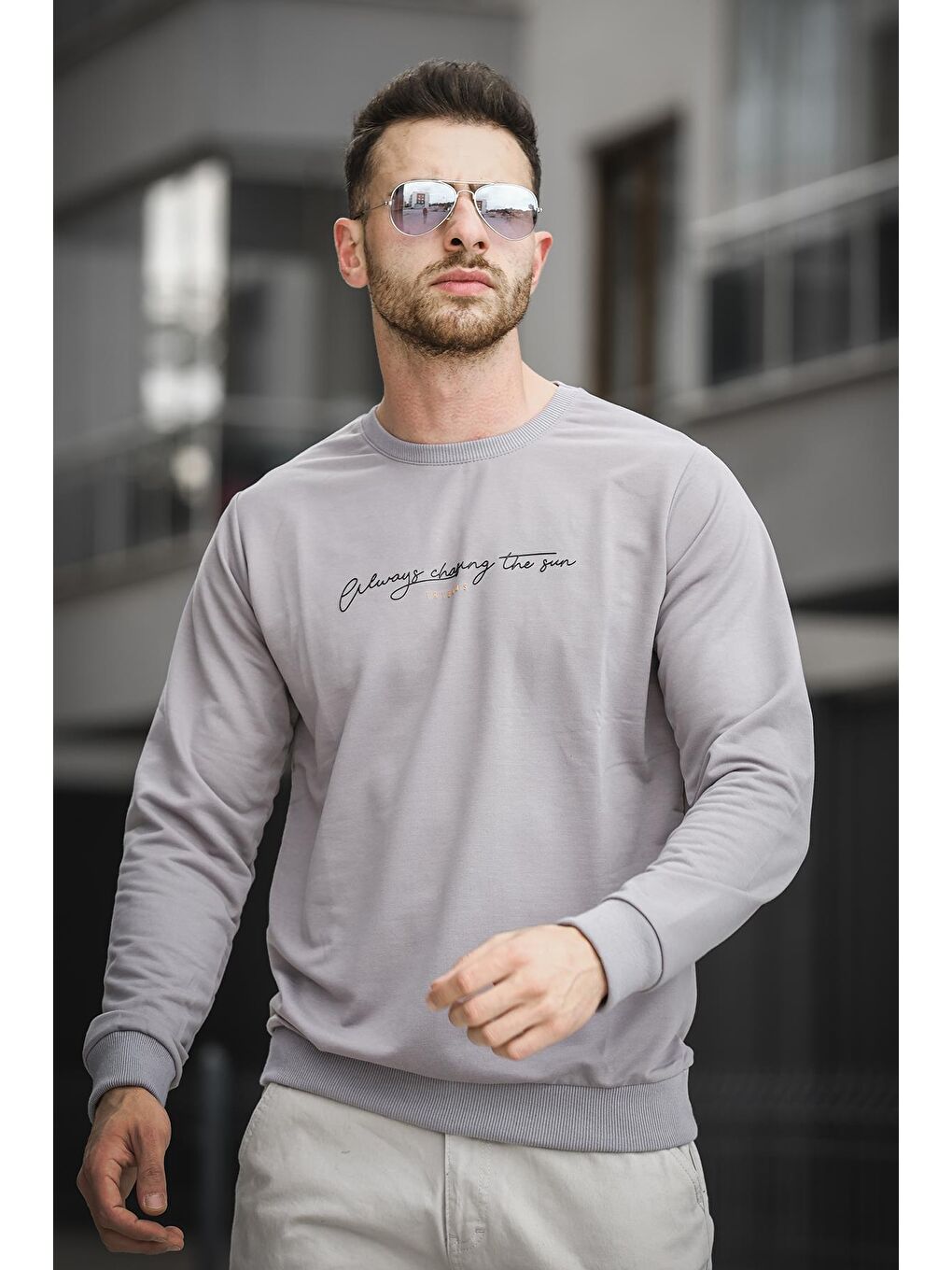 Gri Friends Baskılı Slim Fit Elastanlı Sıfır Yaka Erkek Sweatshirt-1