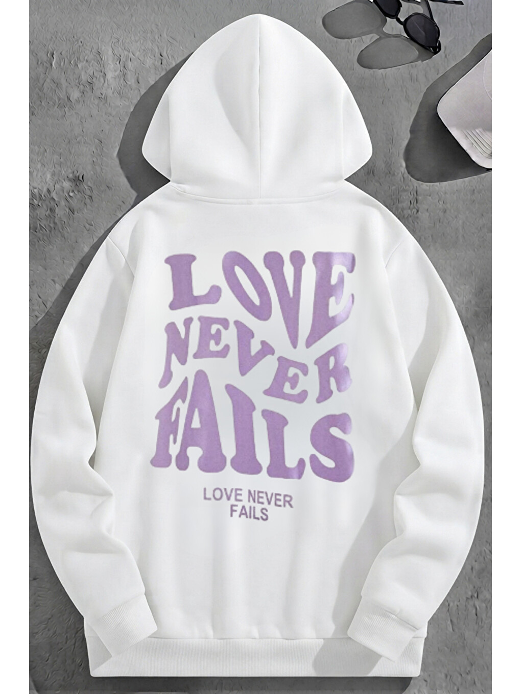 Unisex 3 İplik Pamuklu Beyaz Loveneverfails Baskı Bol Kalıp Sweatshirt Hoodie