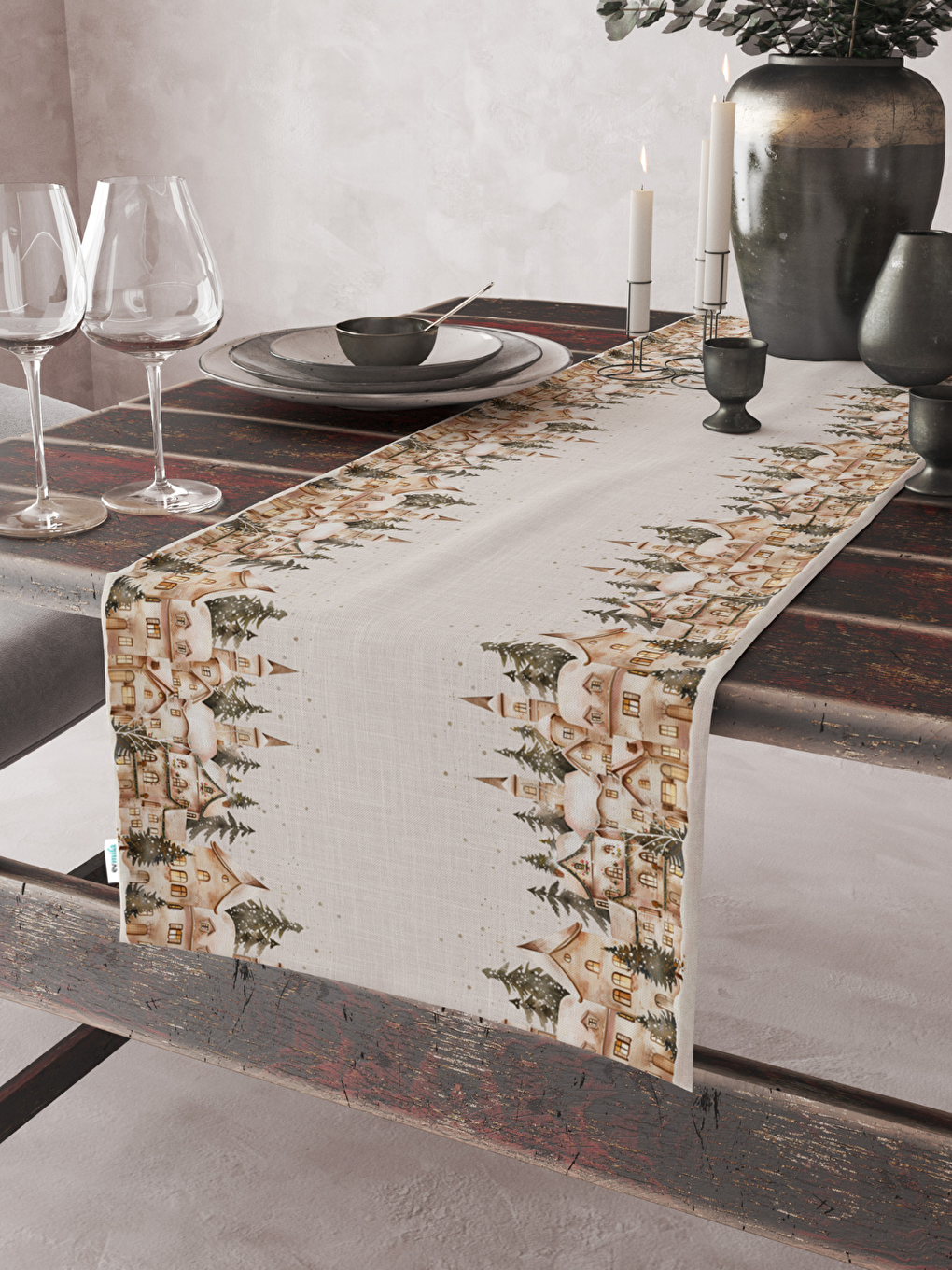 Ekru Boho Suluboya Ev Desenli-Kış Temalı Dijital Baskılı Runner 40x140 cm - Kadife-4