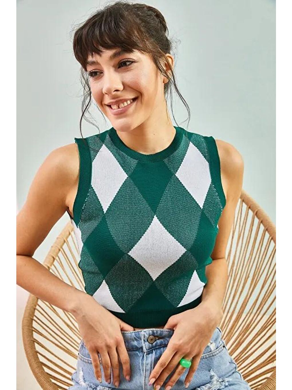 Yeşil Kadın Baklava Desenli Crop Triko Bluz