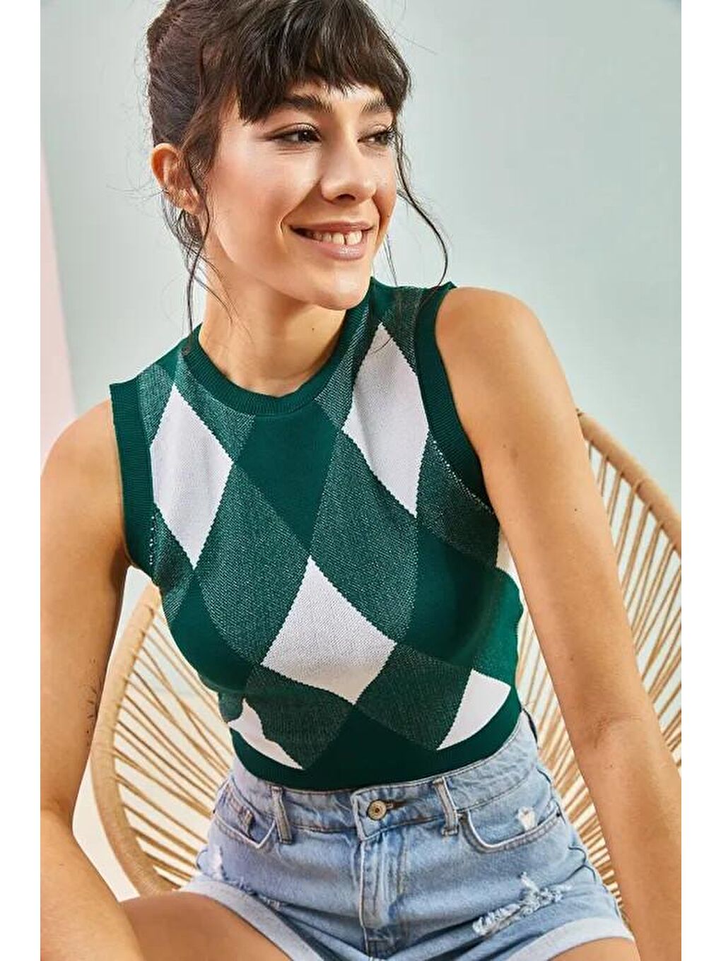 Yeşil Kadın Baklava Desenli Crop Triko Bluz-1