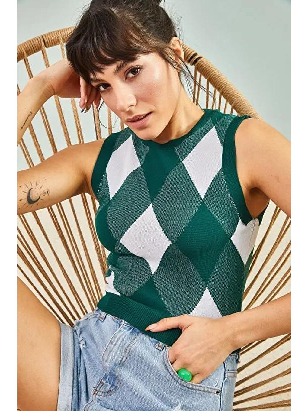 Yeşil Kadın Baklava Desenli Crop Triko Bluz-2