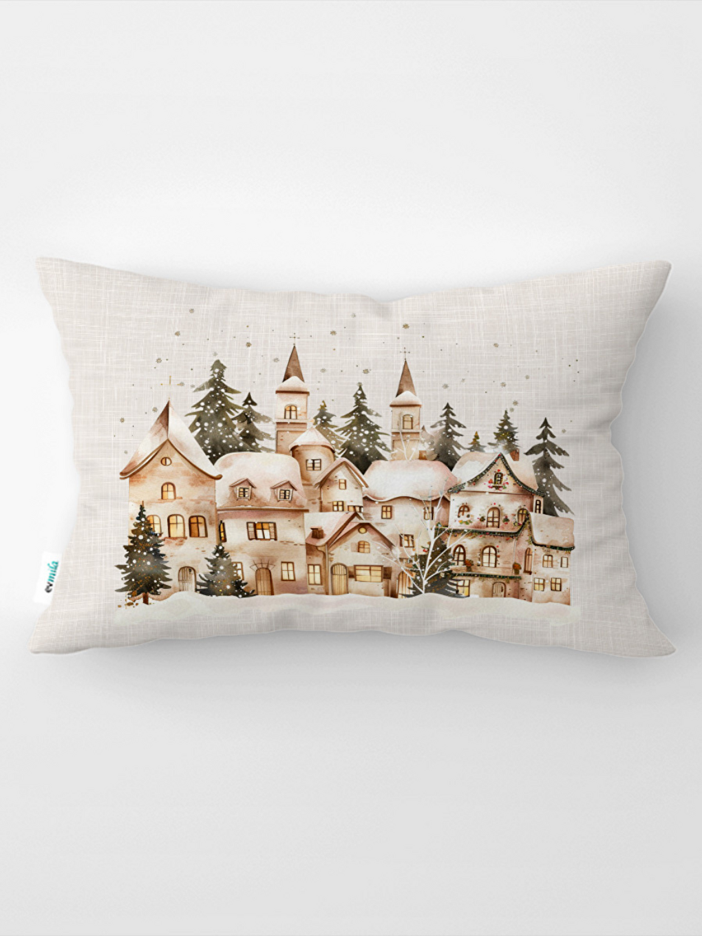 Bej Modern Bohem Tasarım,Kış Temalı Sulu Boya Desenli 35x55 Dekoratif Kırlent Kılıfı-5