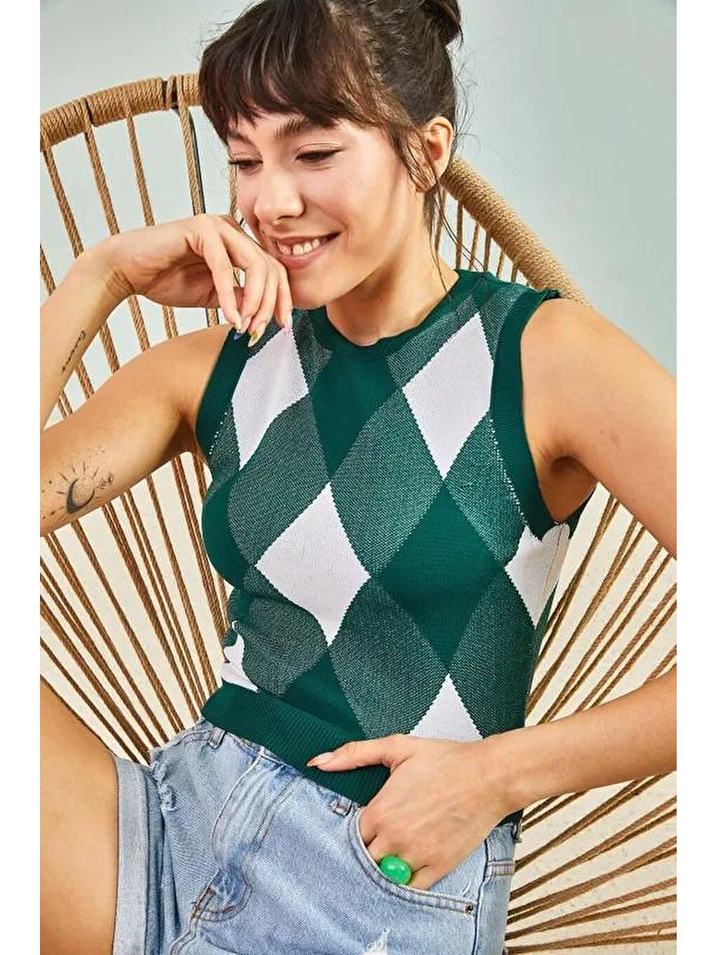 Yeşil Kadın Baklava Desenli Crop Triko Bluz-3