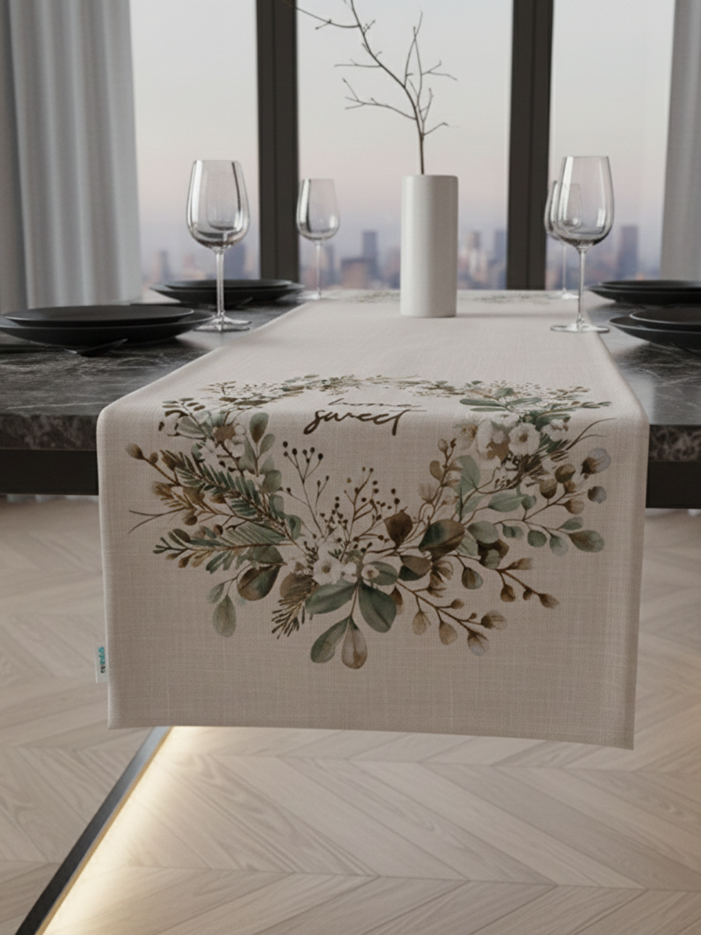 Ekru Bohem Tarzı Çelenk Desenli Lüks Kadife Runner - 40x140 cm-4