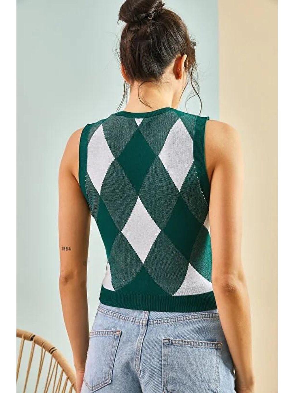 Yeşil Kadın Baklava Desenli Crop Triko Bluz-4