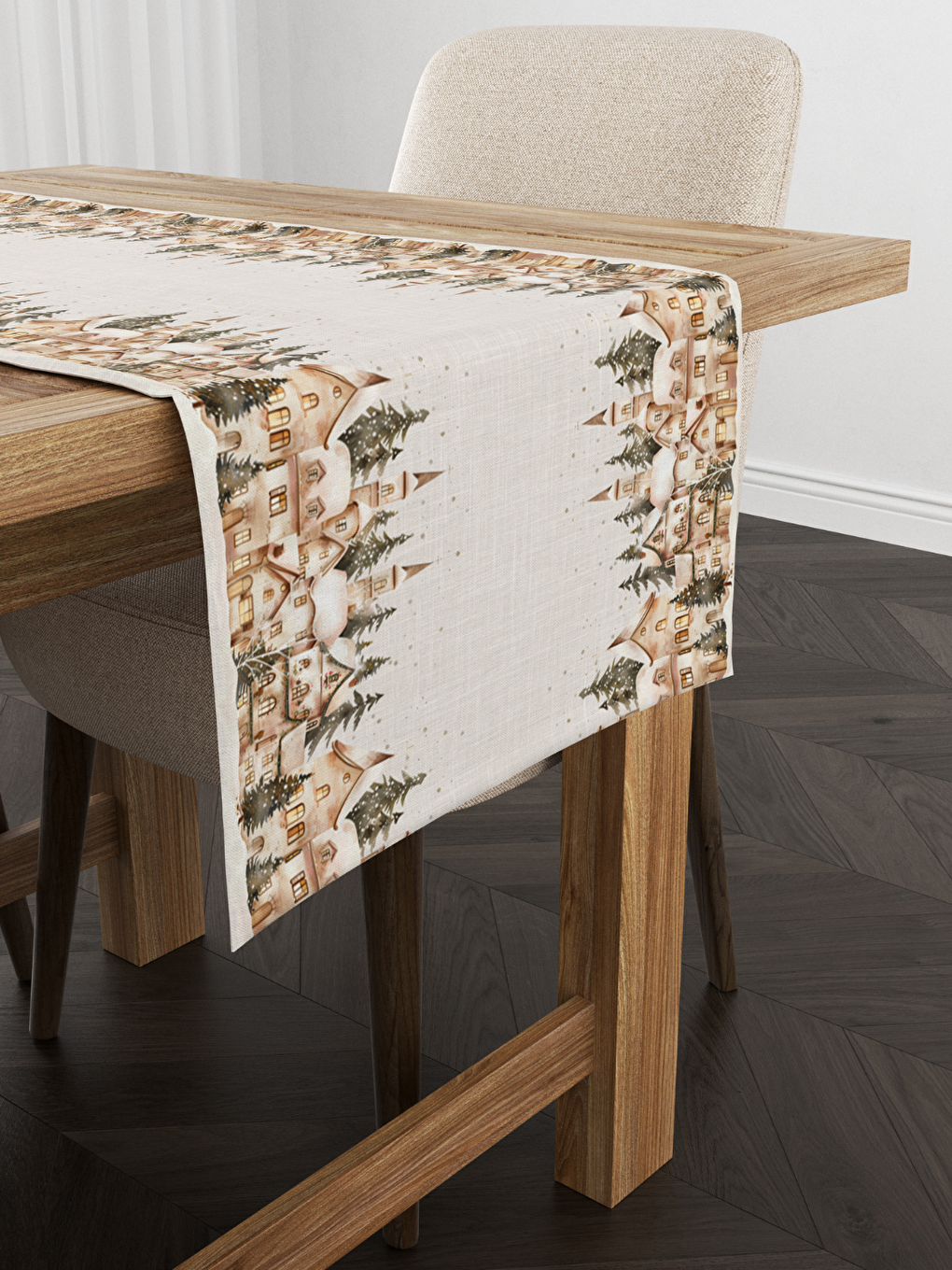 Ekru Boho Suluboya Ev Desenli-Kış Temalı Dijital Baskılı Runner 40x140 cm - Kadife-5