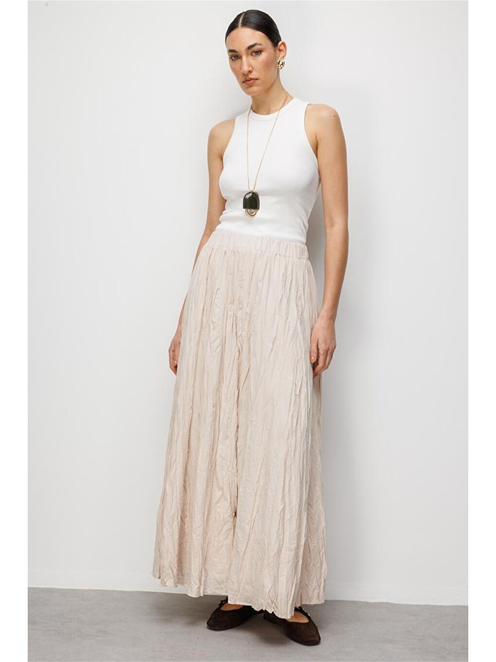 Kırışık Görünümlü Saf Pamuk Bej Rengi Maksi Etek-2
