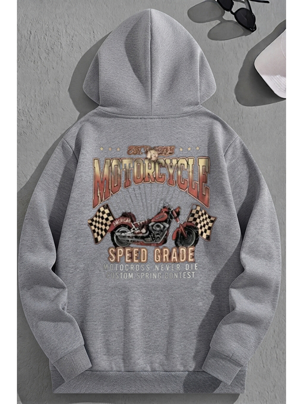Unisex 3 İplik Pamuklu Gri Motorcyclesg Baskı Bol Kalıp Sweatshirt Hoodie