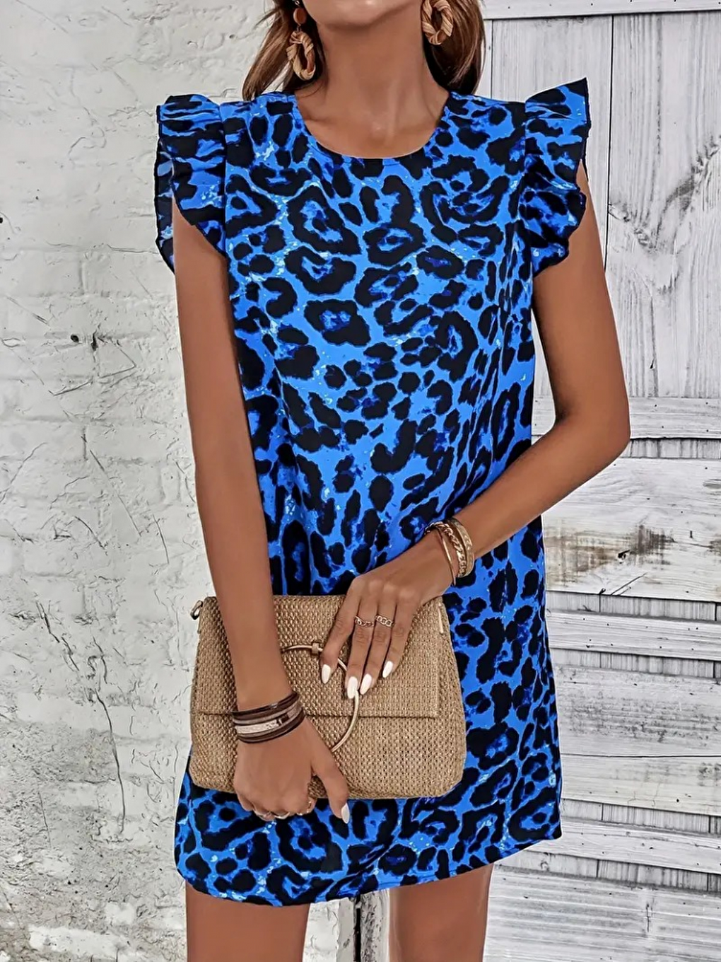 Mavi Kadın Kısa Kollu Kolları Fırfır Detay Arkası Bağlamalı Leopar Desen Kolsuz Mini Mikro Elbise-4