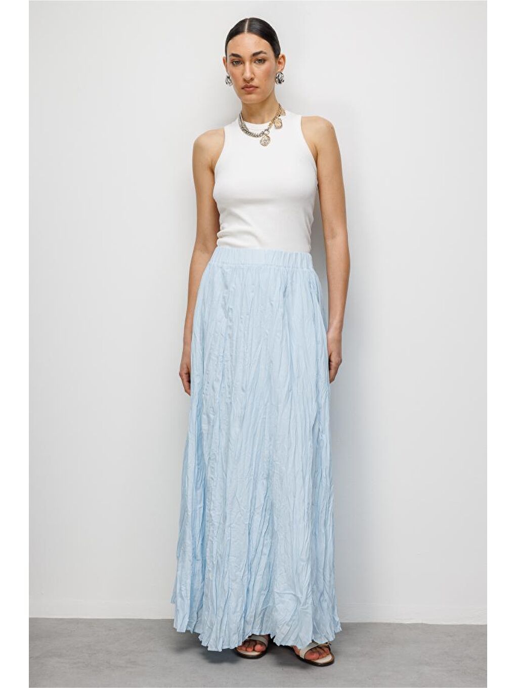 Kırışık Görünümlü Saf Pamuk Açık Mavi Maksi Etek
