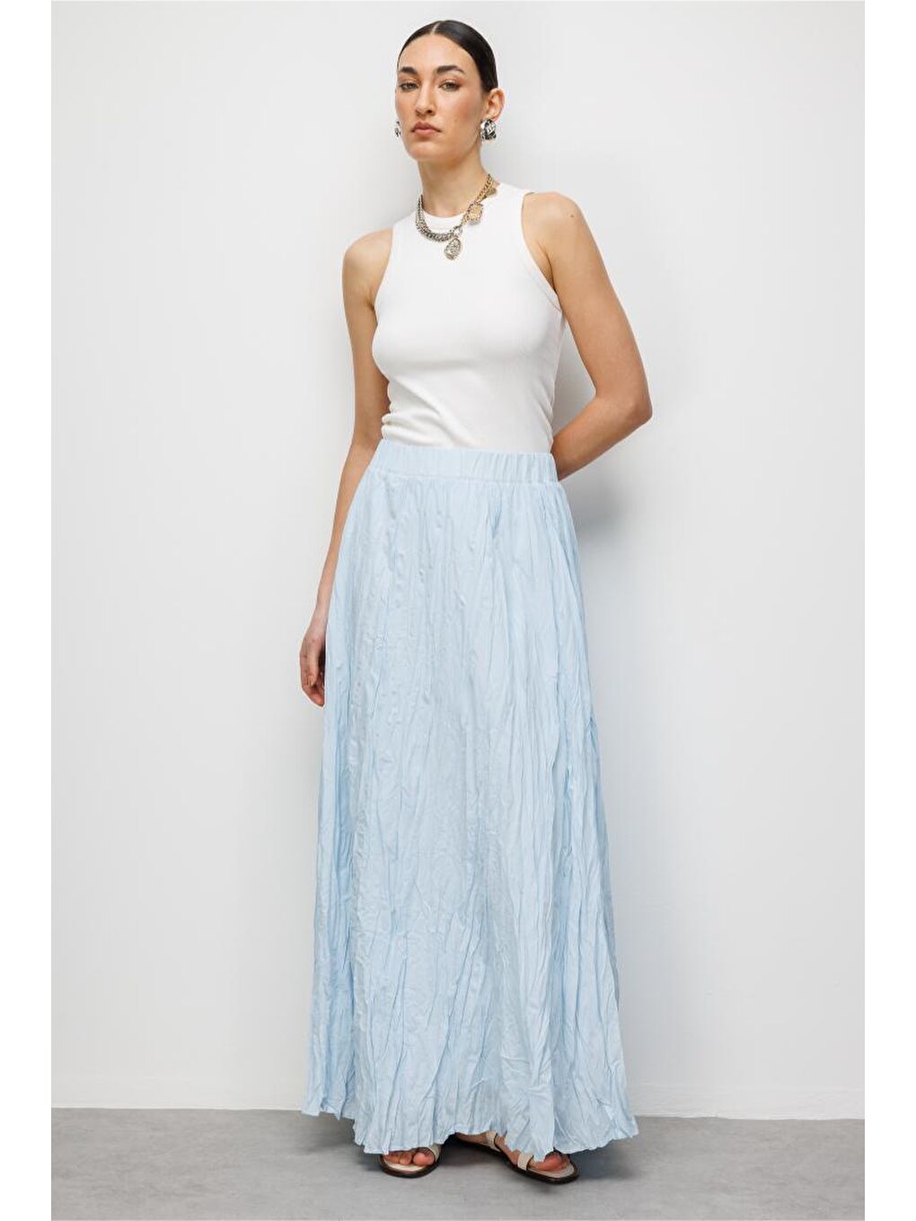 Kırışık Görünümlü Saf Pamuk Açık Mavi Maksi Etek-1