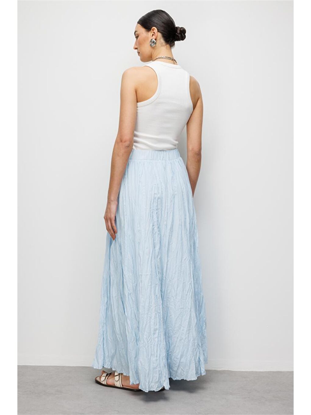 Kırışık Görünümlü Saf Pamuk Açık Mavi Maksi Etek-2