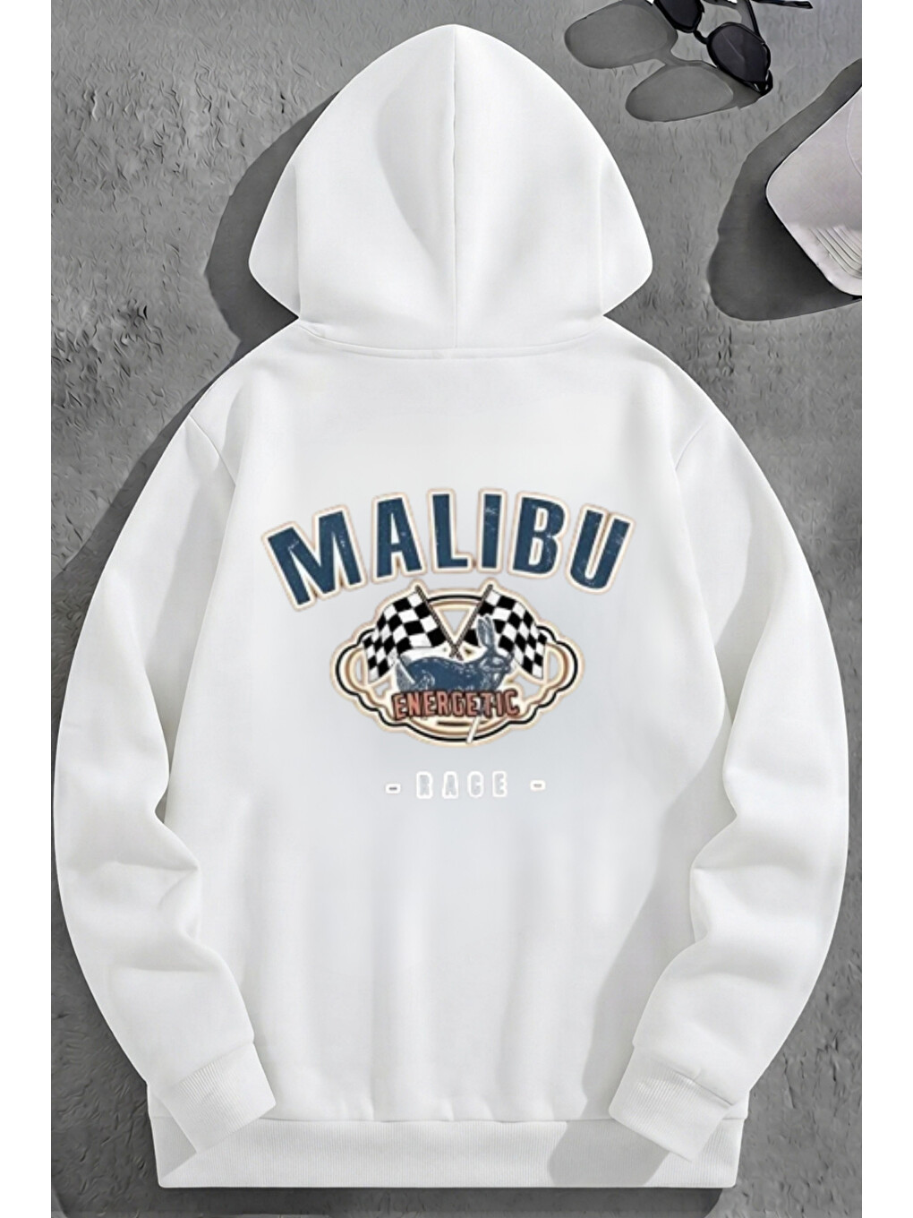 Unisex 3 İplik Pamuklu Beyaz Malibu Baskı Bol Kalıp Sweatshirt Hoodie