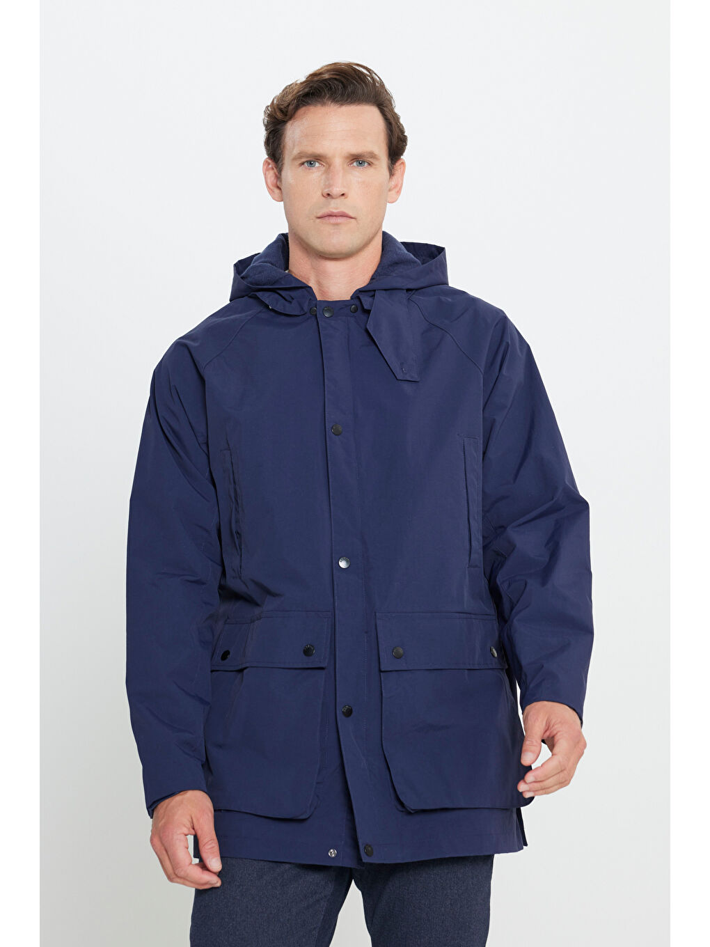 Erkek Lacivert Kapüşonlu Dik Yaka Standart Fit Kaban-2