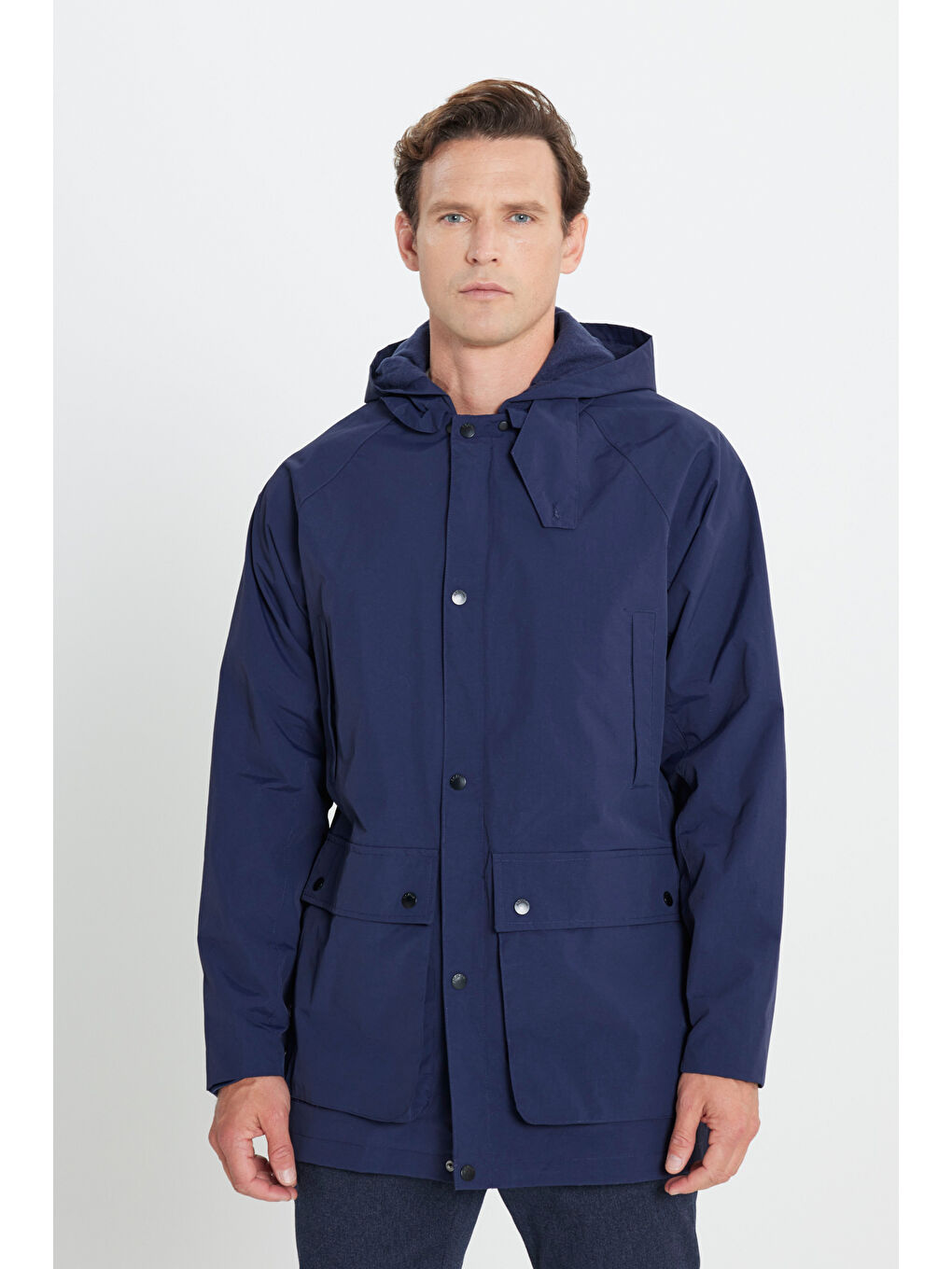 Erkek Lacivert Kapüşonlu Dik Yaka Standart Fit Kaban-3
