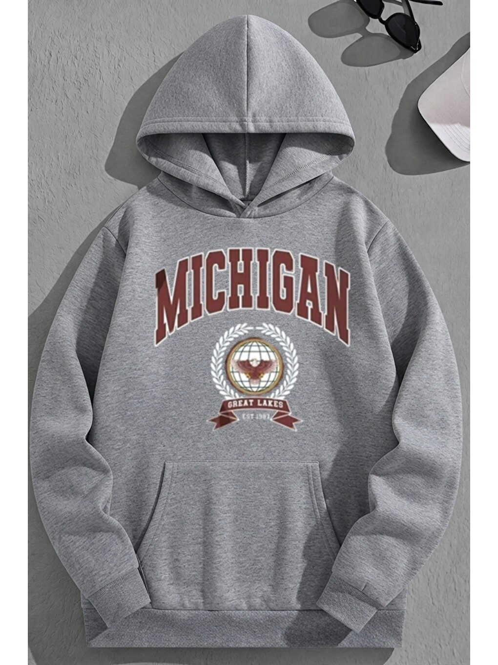 Unisex 3 İplik Pamuklu Gri Michigan Baskı Bol Kalıp Sweatshirt Hoodie