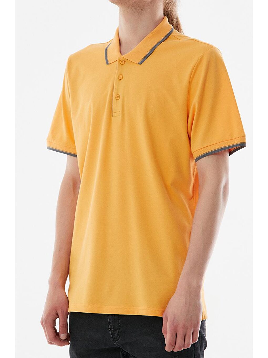 Sarı Yakası Çizgili Polo Yaka  Tişört-1