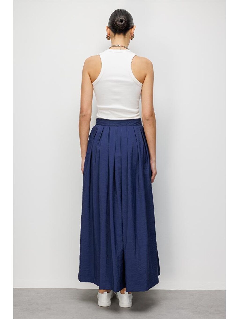 İnce Piliseli Lacivert Maksi Yazlık Etek-2