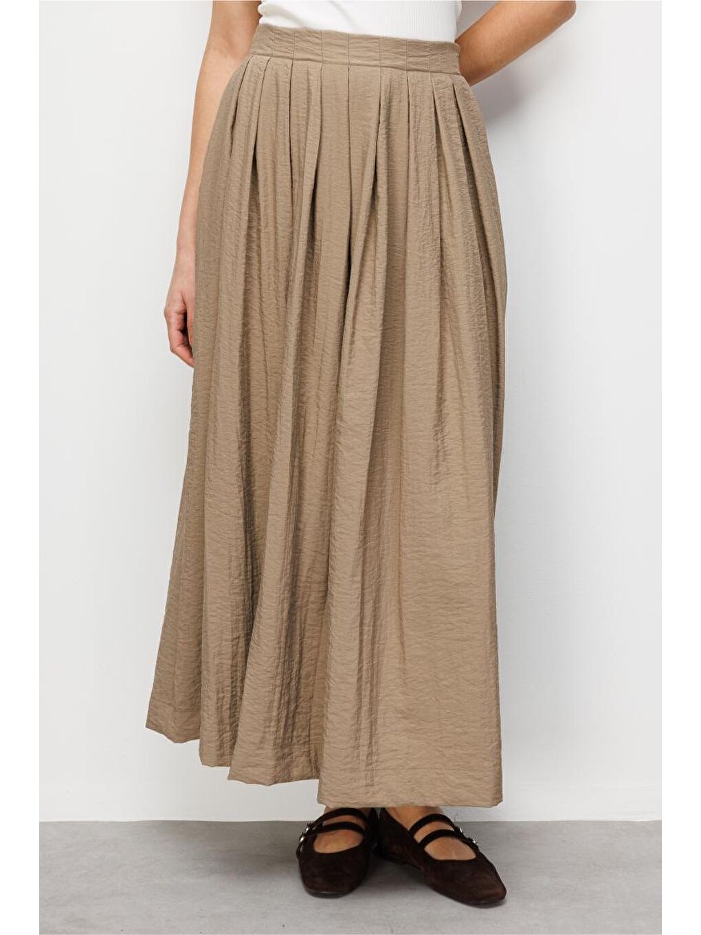 Bej İnce Piliseli Vizon Rengi Maksi Yazlık Etek-2