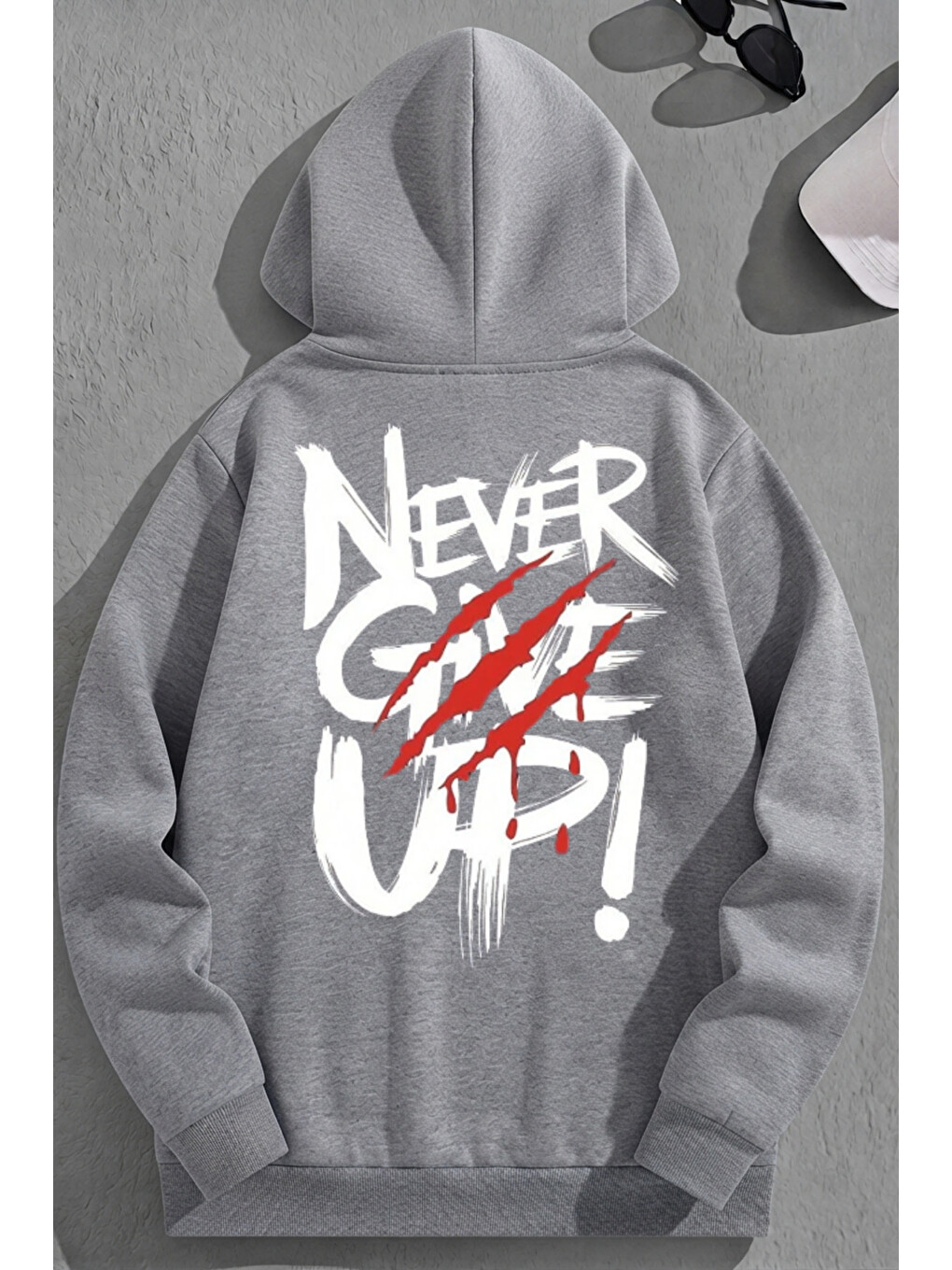 Unisex 3 İplik Pamuklu Gri Nevergiveup Baskı Bol Kalıp Sweatshirt Hoodie