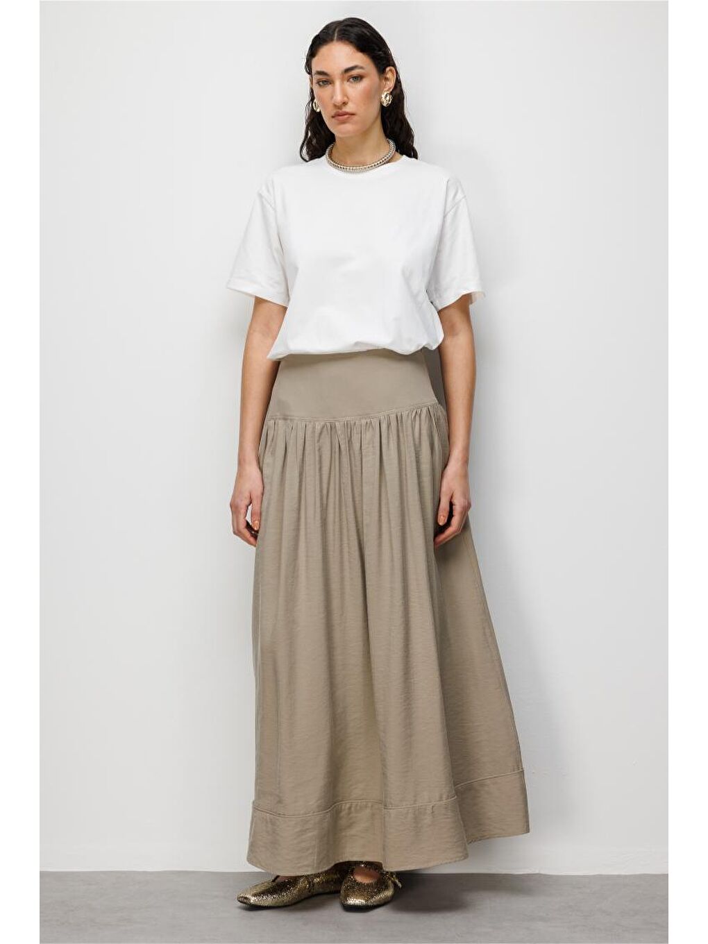 Bej Korsajlı Vizon Rengi Maksi Etek