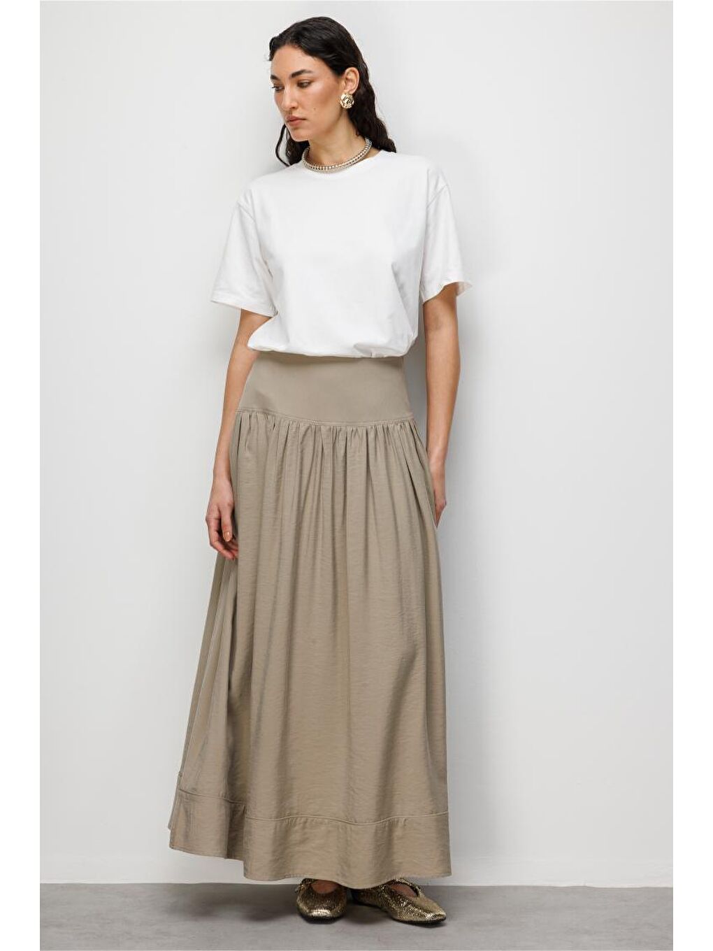 Bej Korsajlı Vizon Rengi Maksi Etek-1