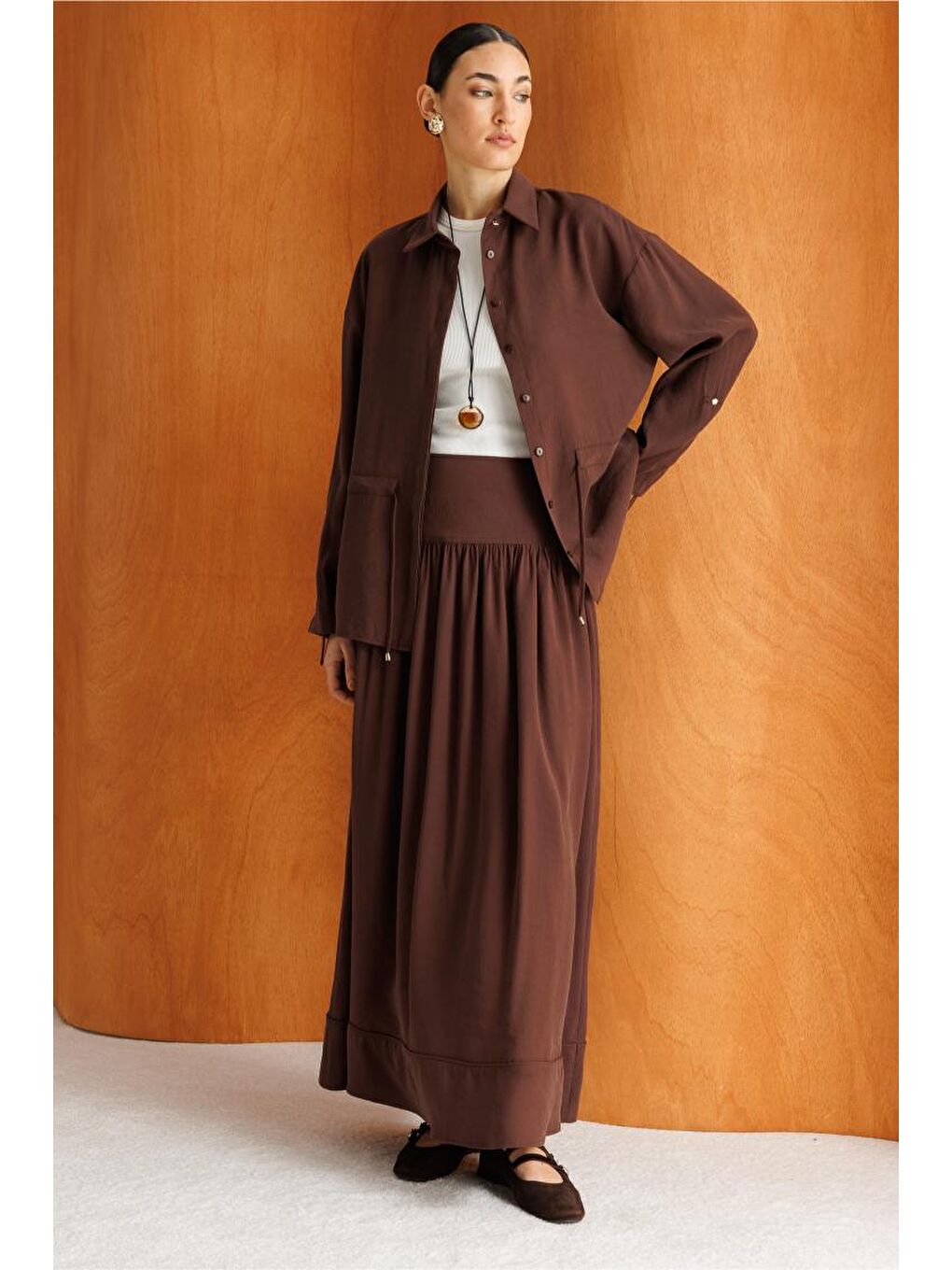 Korsajlı Kahverengi Maksi Etek-2