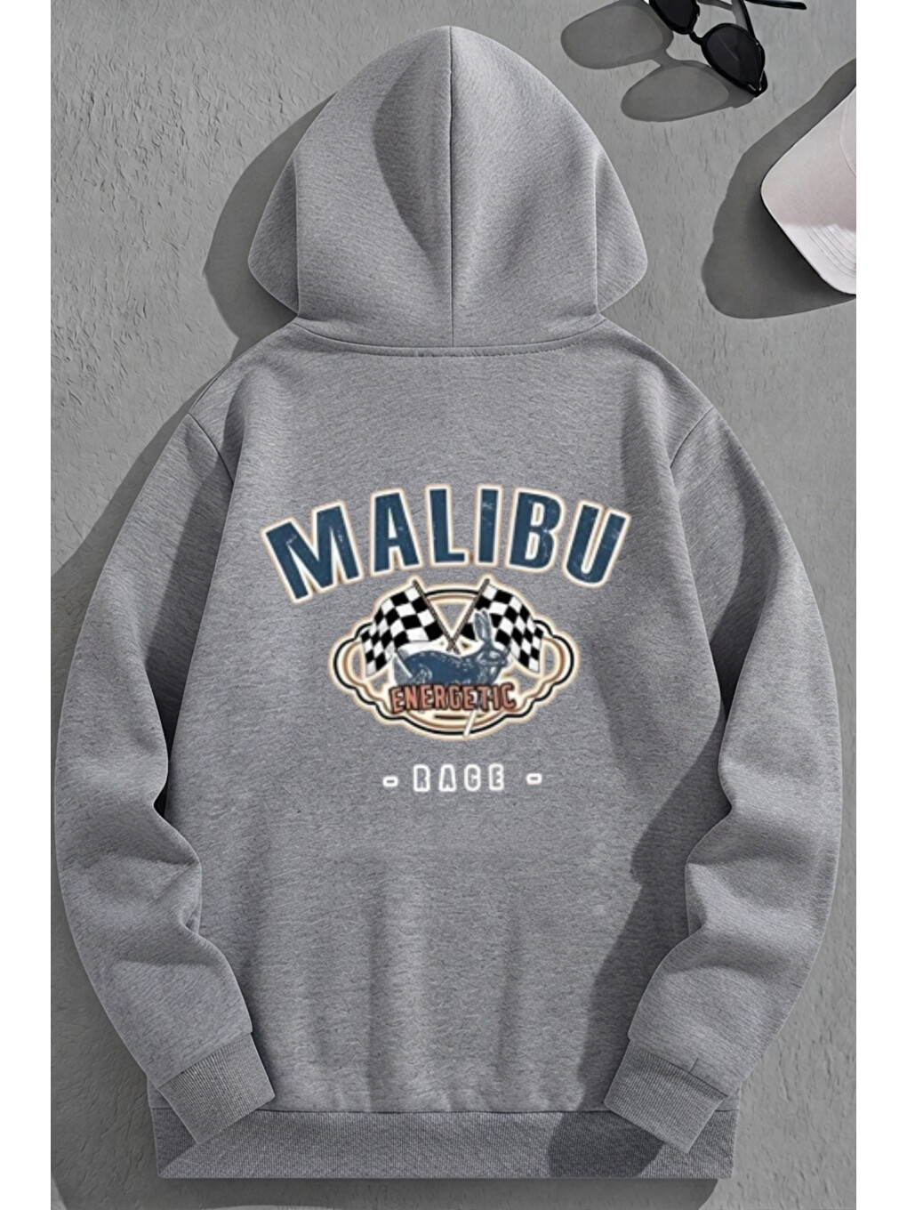 Unisex 3 İplik Pamuklu Gri Malibu Baskı Bol Kalıp Sweatshirt Hoodie