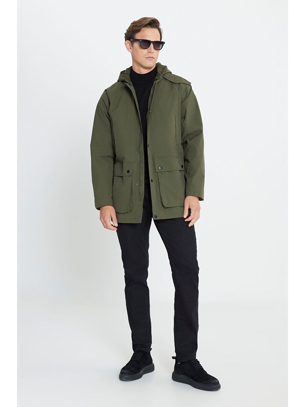 Erkek Haki Kapüşonlu Dik Yaka Standart Fit Kaban-1