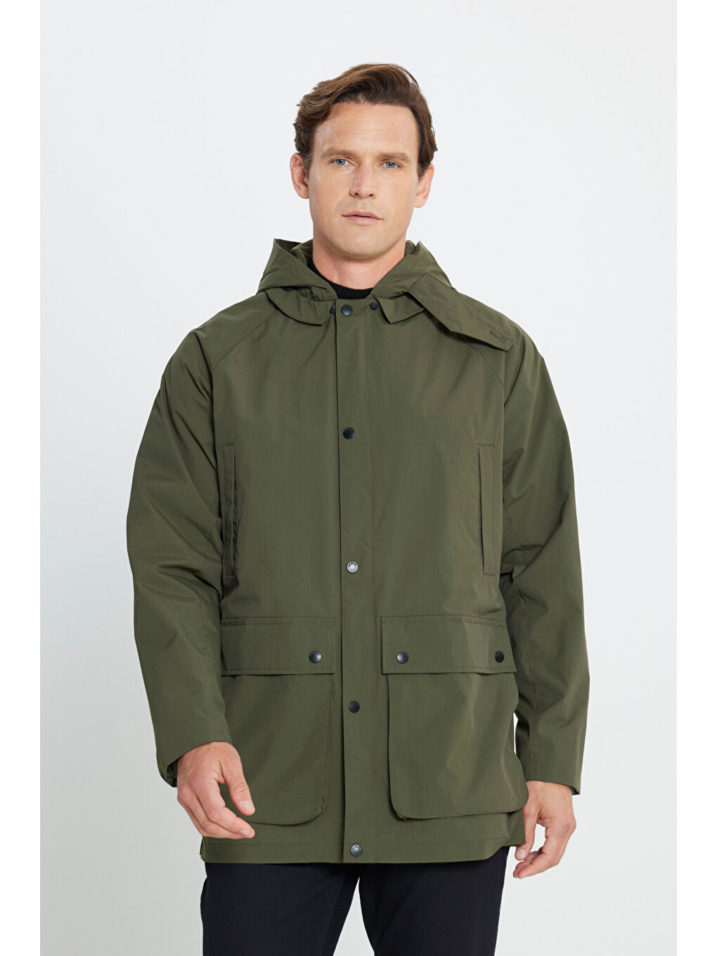 Erkek Haki Kapüşonlu Dik Yaka Standart Fit Kaban-2