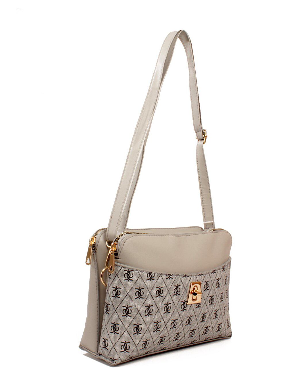 Gri Kadın Üç Bölmeli Fermuarlı Kapama Desenli Deri Kilitli Kapak Kararmaz Aksesuarlı Omuz Çantası (1809)