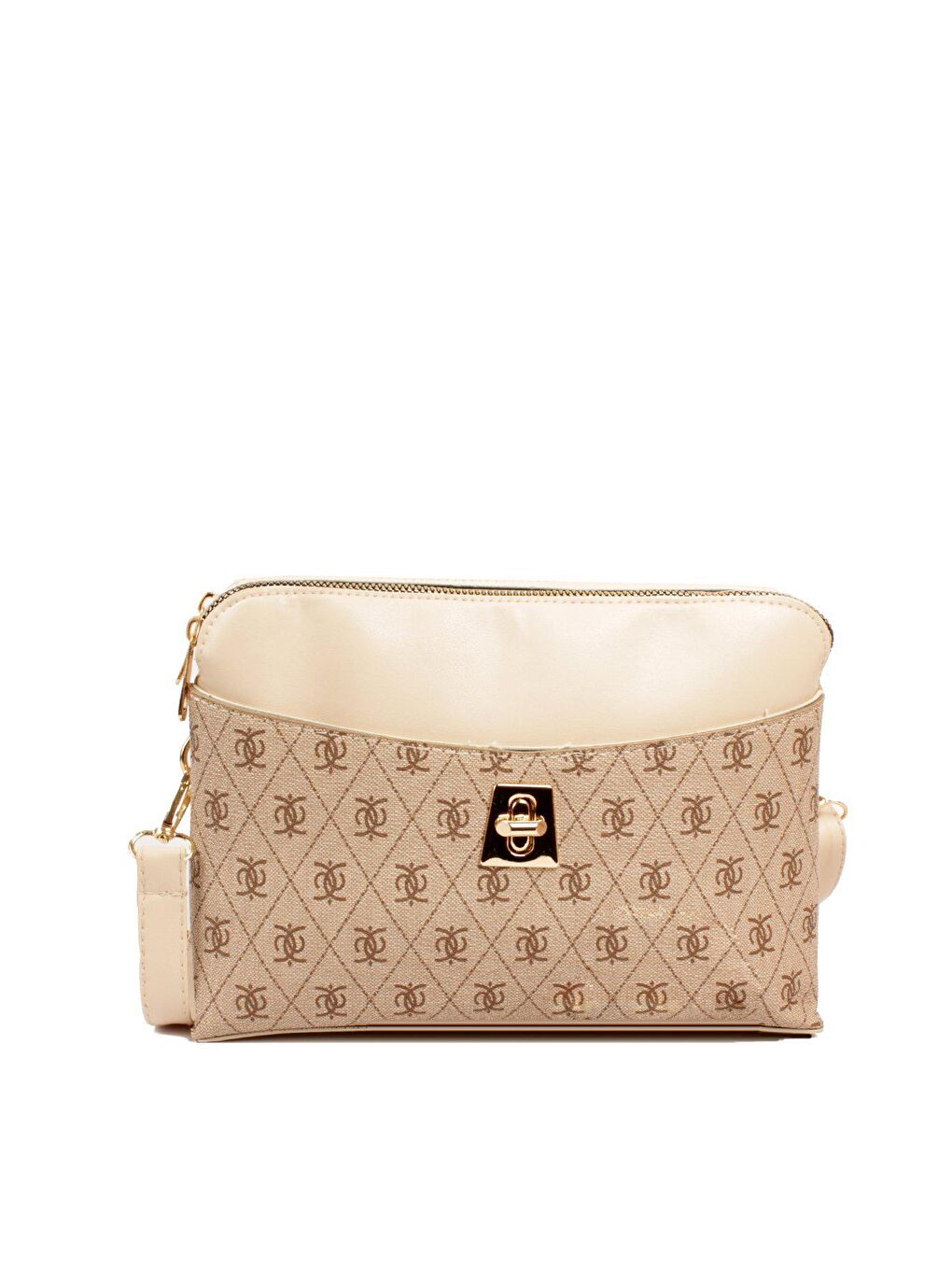 Bej Kadın Üç Bölmeli Fermuarlı Kapama Desenli Deri Kilitli Kapak Kararmaz Aksesuarlı Omuz Çantası (1809)-1