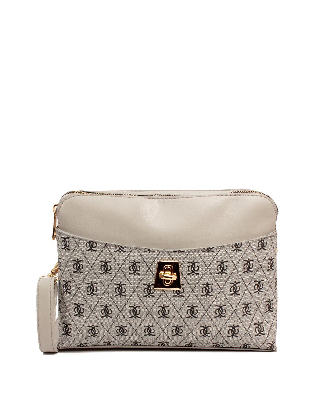 Gri Kadın Üç Bölmeli Fermuarlı Kapama Desenli Deri Kilitli Kapak Kararmaz Aksesuarlı Omuz Çantası (1809)-1