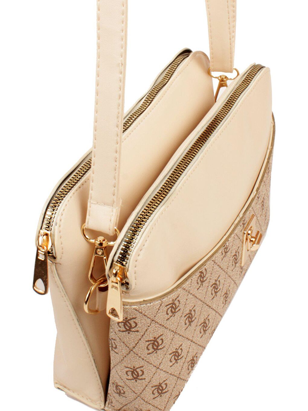 Bej Kadın Üç Bölmeli Fermuarlı Kapama Desenli Deri Kilitli Kapak Kararmaz Aksesuarlı Omuz Çantası (1809)-2