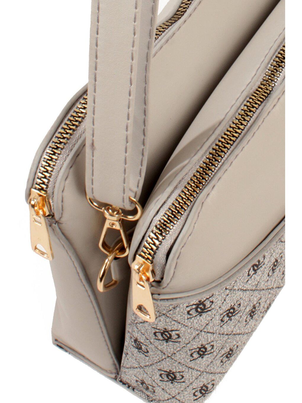 Gri Kadın Üç Bölmeli Fermuarlı Kapama Desenli Deri Kilitli Kapak Kararmaz Aksesuarlı Omuz Çantası (1809)-2