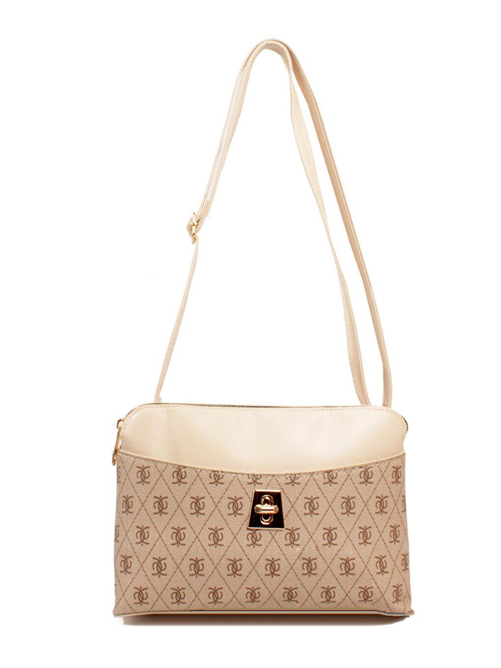 Bej Kadın Üç Bölmeli Fermuarlı Kapama Desenli Deri Kilitli Kapak Kararmaz Aksesuarlı Omuz Çantası (1809)-3