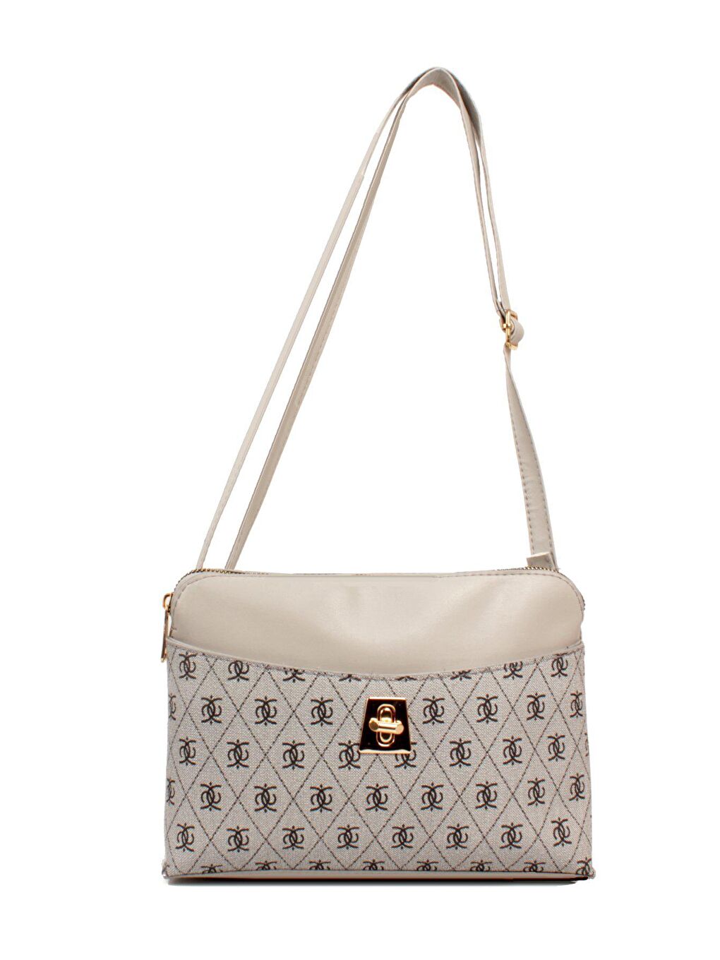 Gri Kadın Üç Bölmeli Fermuarlı Kapama Desenli Deri Kilitli Kapak Kararmaz Aksesuarlı Omuz Çantası (1809)-3