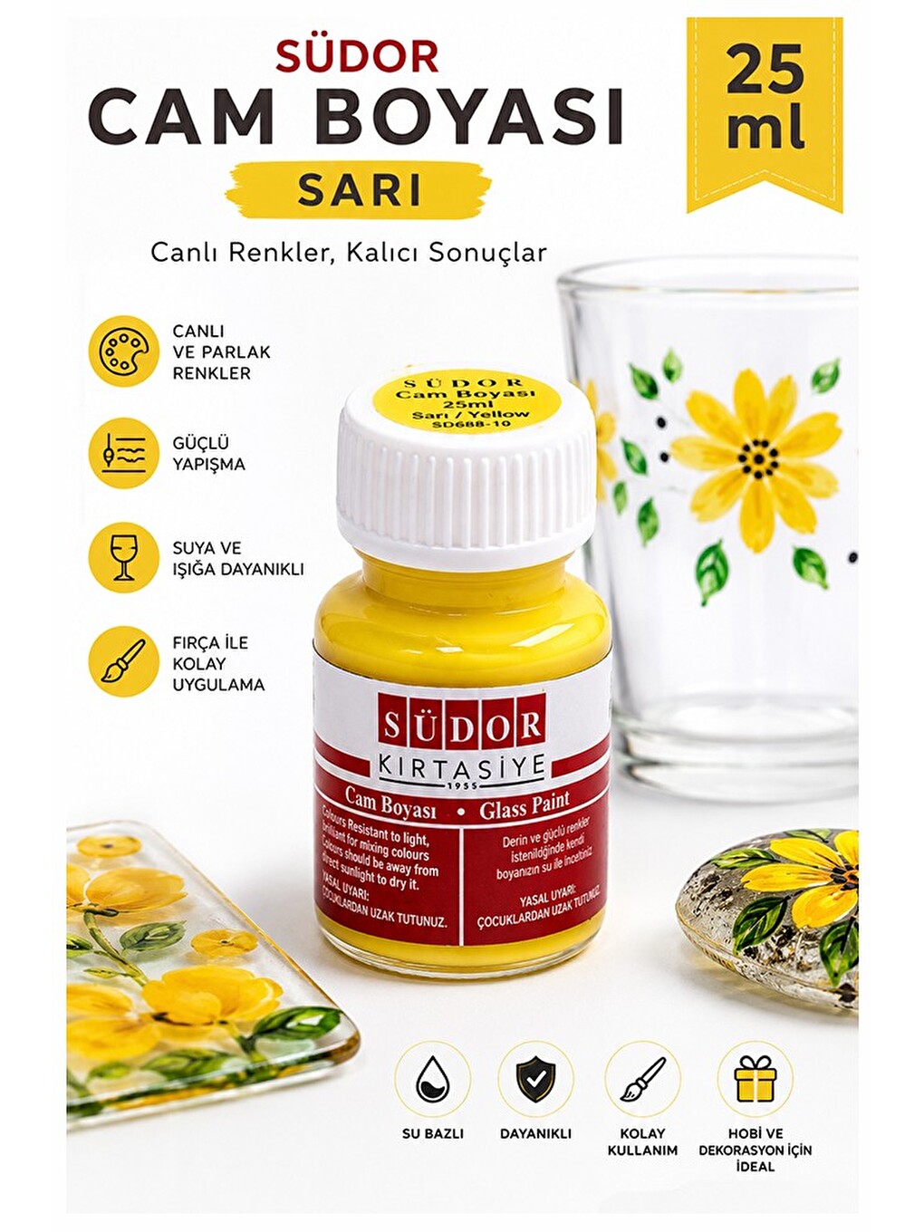 Cam Boyası Vitray Boyası 25 Ml 1 Adet Südor Su Bazlı Renkli Cam Vitray Boyası Sanat Hobi