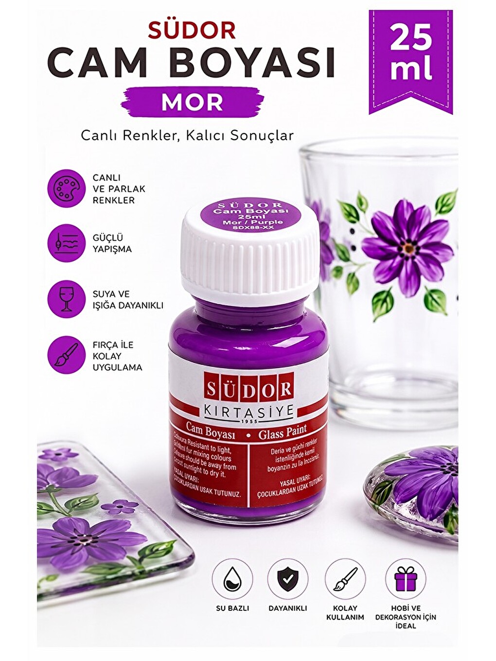 Cam Boyası Vitray Boyası 25 Ml 1 Adet Südor Su Bazlı Renkli Cam Vitray Boyası Sanat Hobi