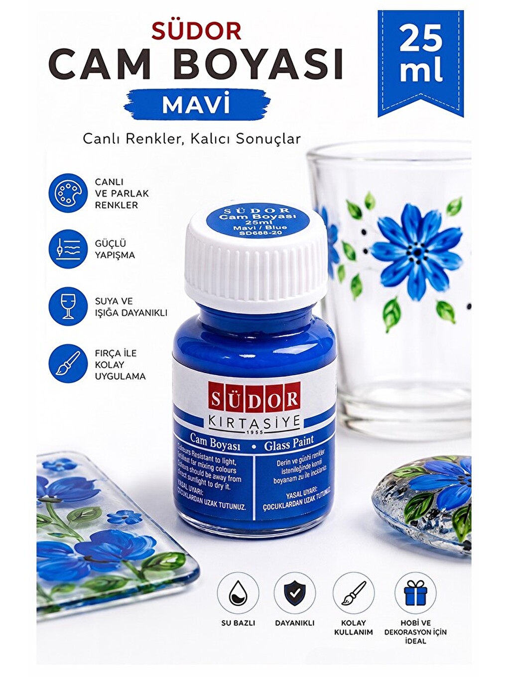 Cam Boyası Vitray Boyası 25 Ml 1 Adet Südor Su Bazlı Renkli Cam Vitray Boyası Sanat Hobi